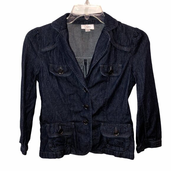 Ann Taylor Loft Denim Jean Jacket Blazer Sz Small Collared Button Front Pockets - Picture 1 of 9